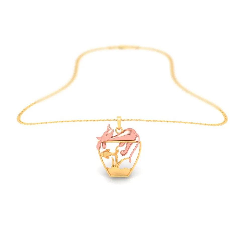 18k Fish Bowl Shaped Gold Pendant With A Yellow Gold Cat On Top From Online Exclusive Collection