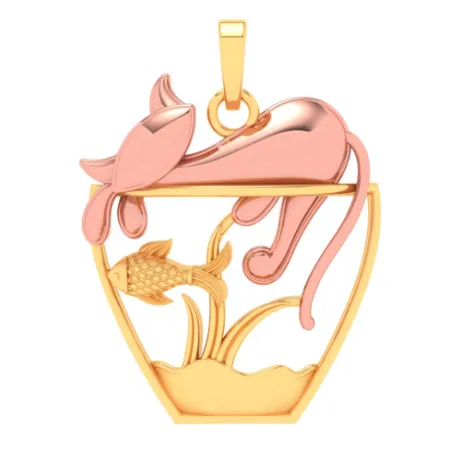 18k Fish Bowl Shaped Gold Pendant With A Yellow Gold Cat On Top From Online Exclusive Collection