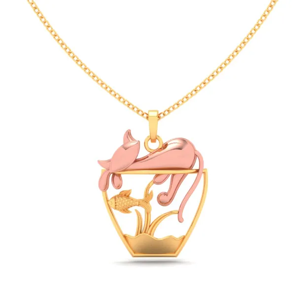 18k Fish Bowl Shaped Gold Pendant With A Yellow Gold Cat On Top From Online Exclusive Collection