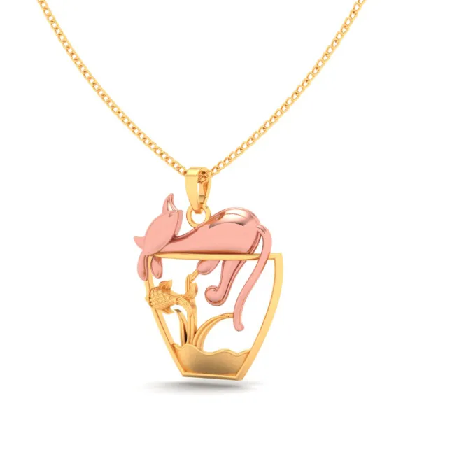 18k Fish Bowl Shaped Gold Pendant With A Yellow Gold Cat On Top From Online Exclusive Collection