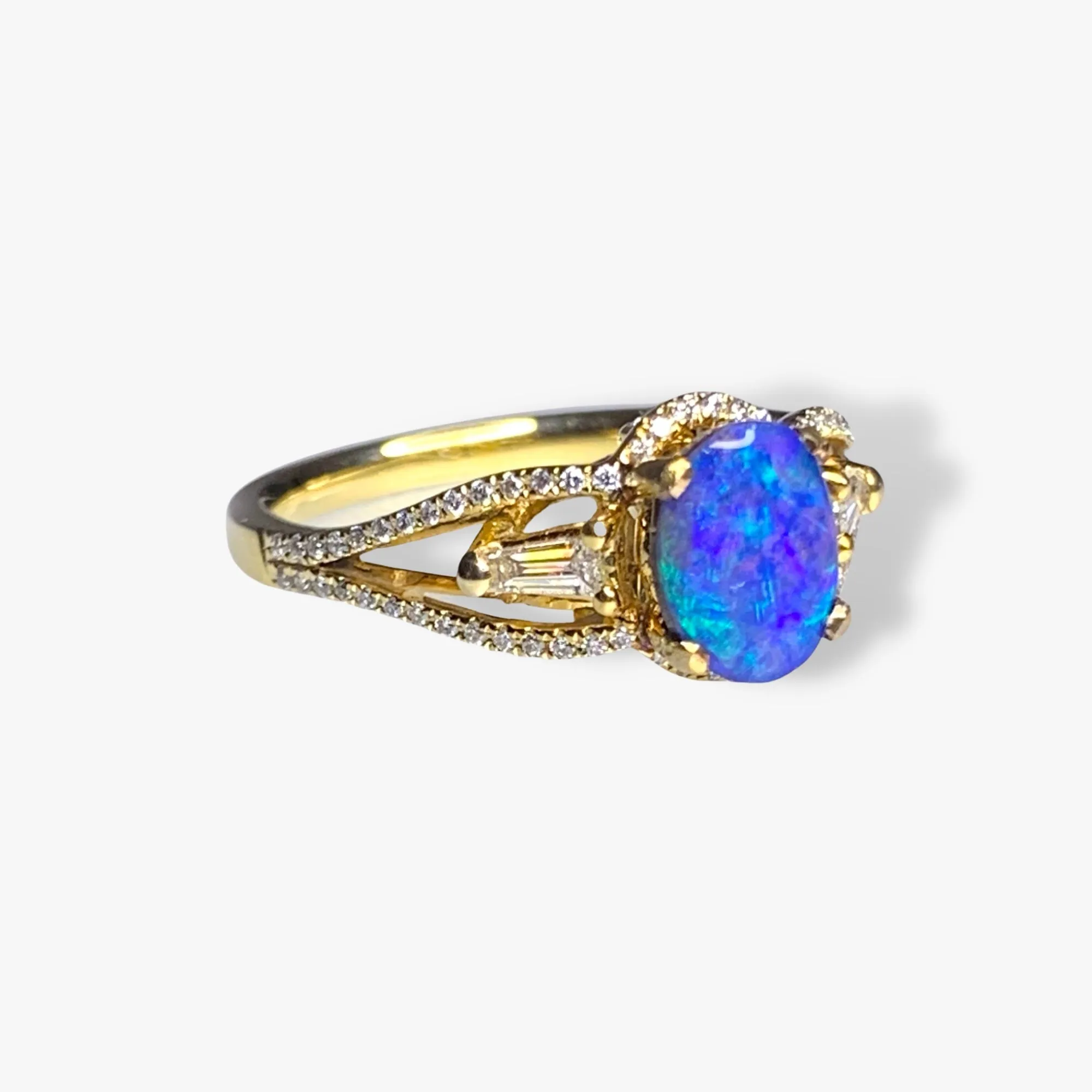 18k Yellow Gold Black Opal and Diamond Split Shank Ring