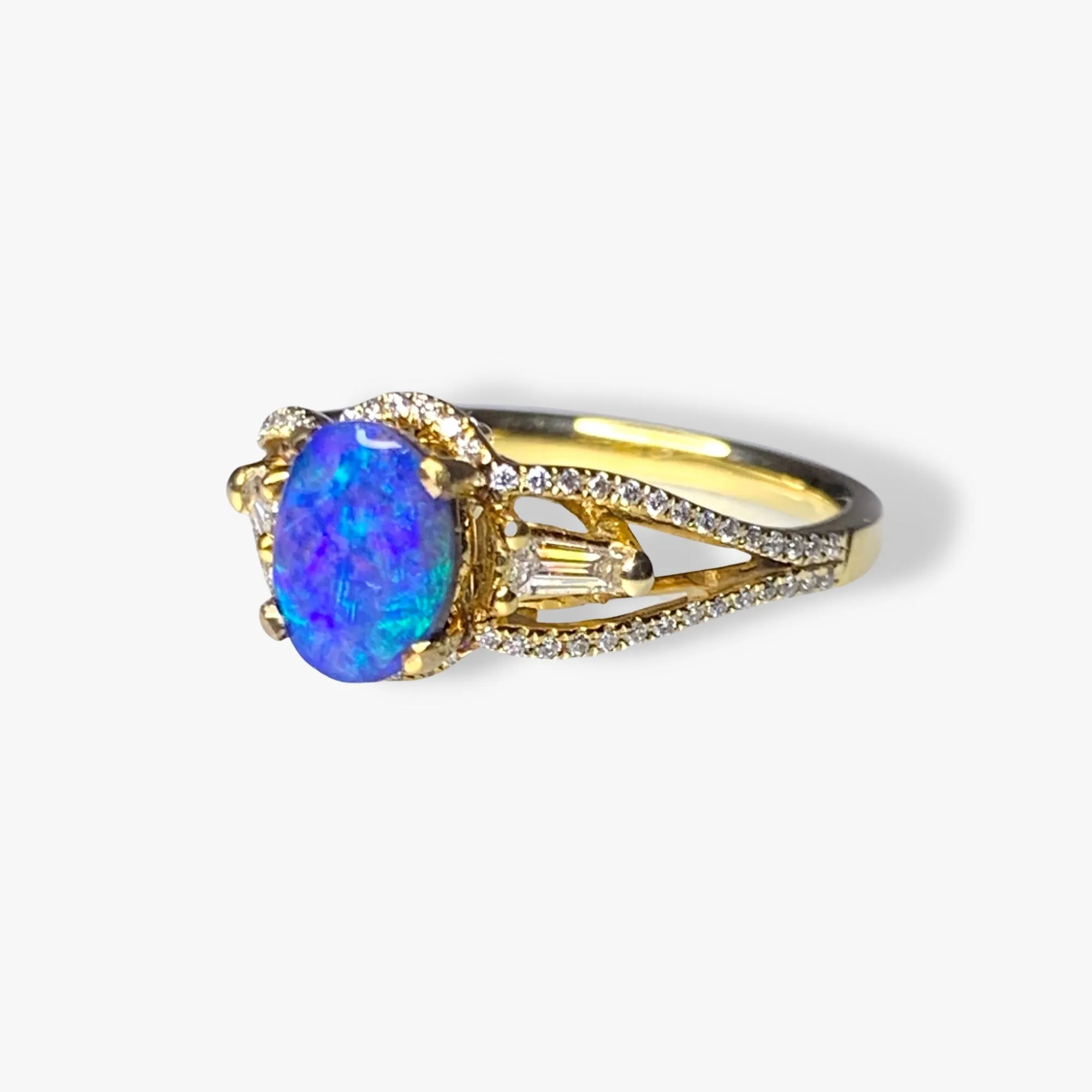 18k Yellow Gold Black Opal and Diamond Split Shank Ring