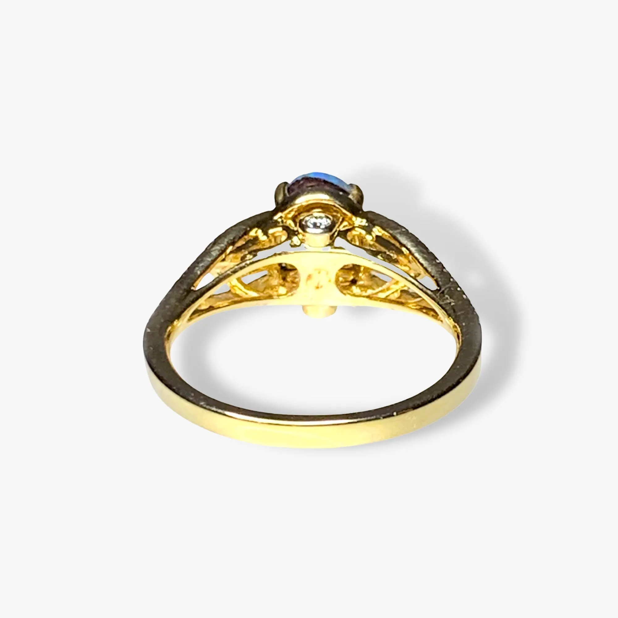 18k Yellow Gold Black Opal and Diamond Split Shank Ring