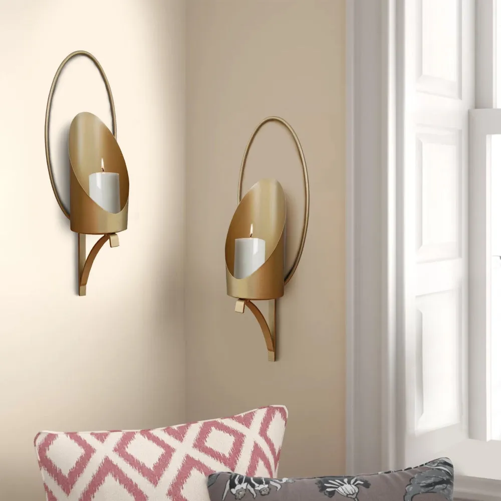 22 Inch Wall Sconce Candle Holder, Modern Tulip Shape, Set of 2, Matte Gold Frame By The Urban Port