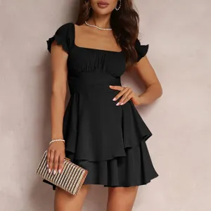 A-Line Solid Color Ruffled Sleeves Square Neck Layered Hem Ladies Evening Summer Mini Dress