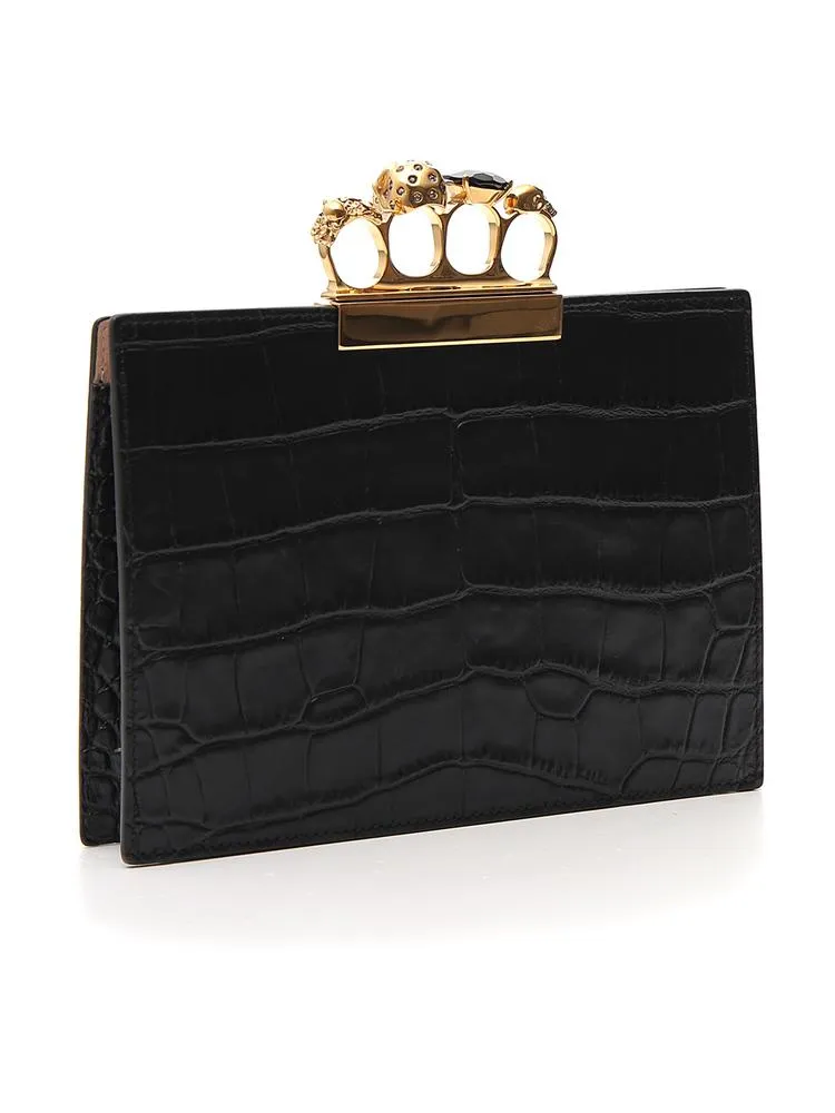 Alexander McQueen Four Rings Croc-Effect Clutch Bag