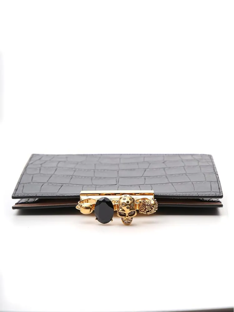 Alexander McQueen Four Rings Croc-Effect Clutch Bag