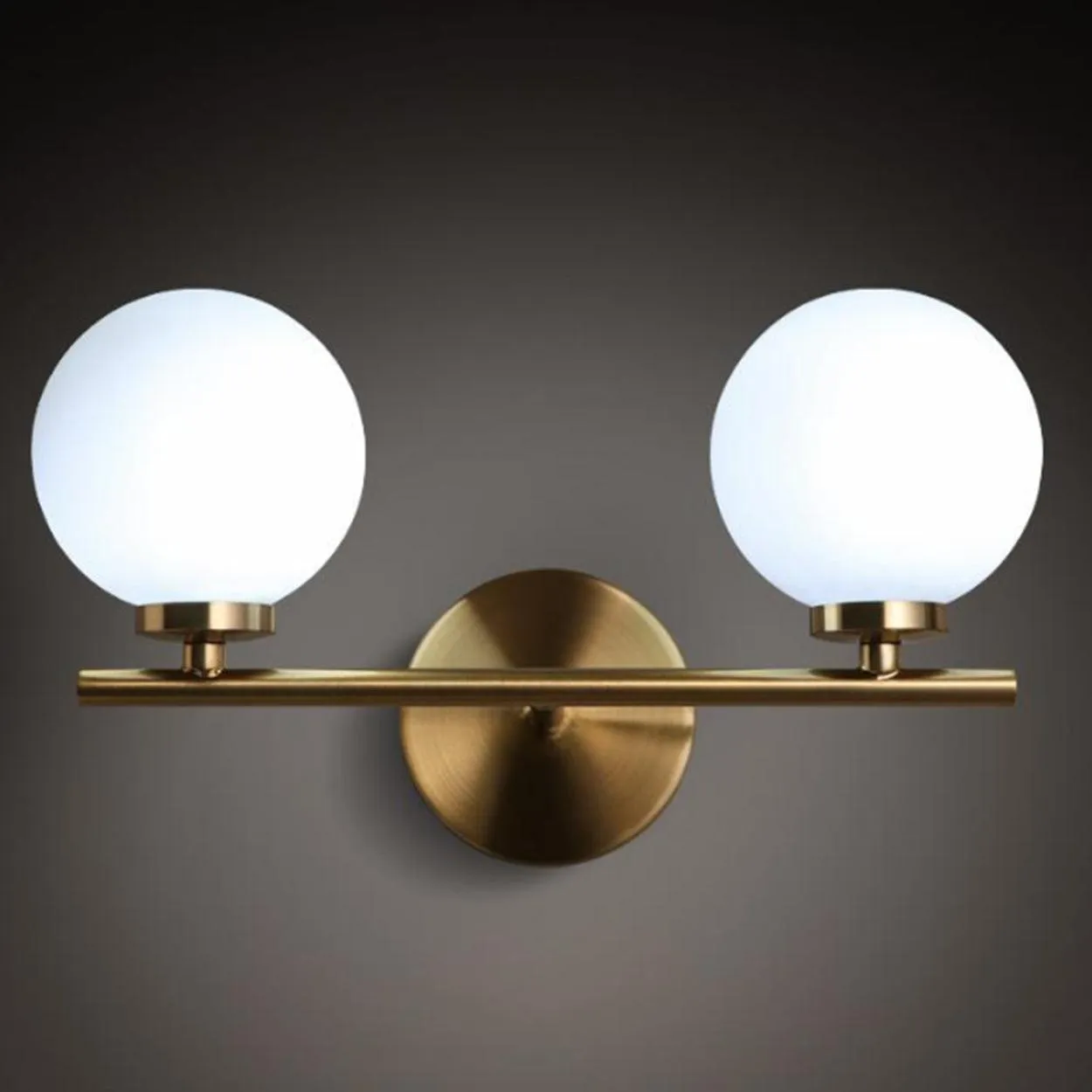 ANKUR DALTON CONTEMPORARY TWIN GLOBE LIGHT MILKY WHITE GLOBE GLASS SHADE WALL LIGHT VANITY LIGHT IN GOLD