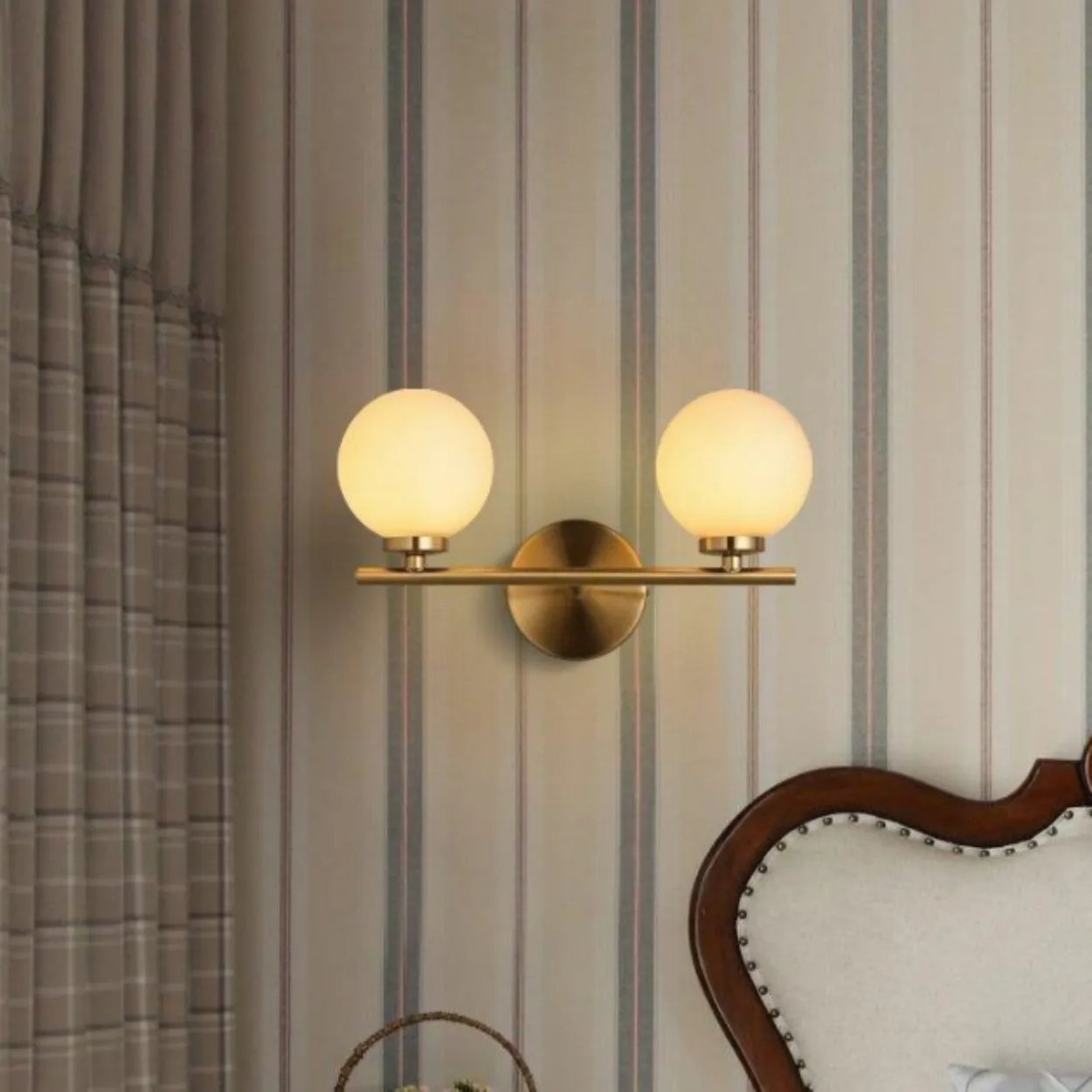 ANKUR DALTON CONTEMPORARY TWIN GLOBE LIGHT MILKY WHITE GLOBE GLASS SHADE WALL LIGHT VANITY LIGHT IN GOLD