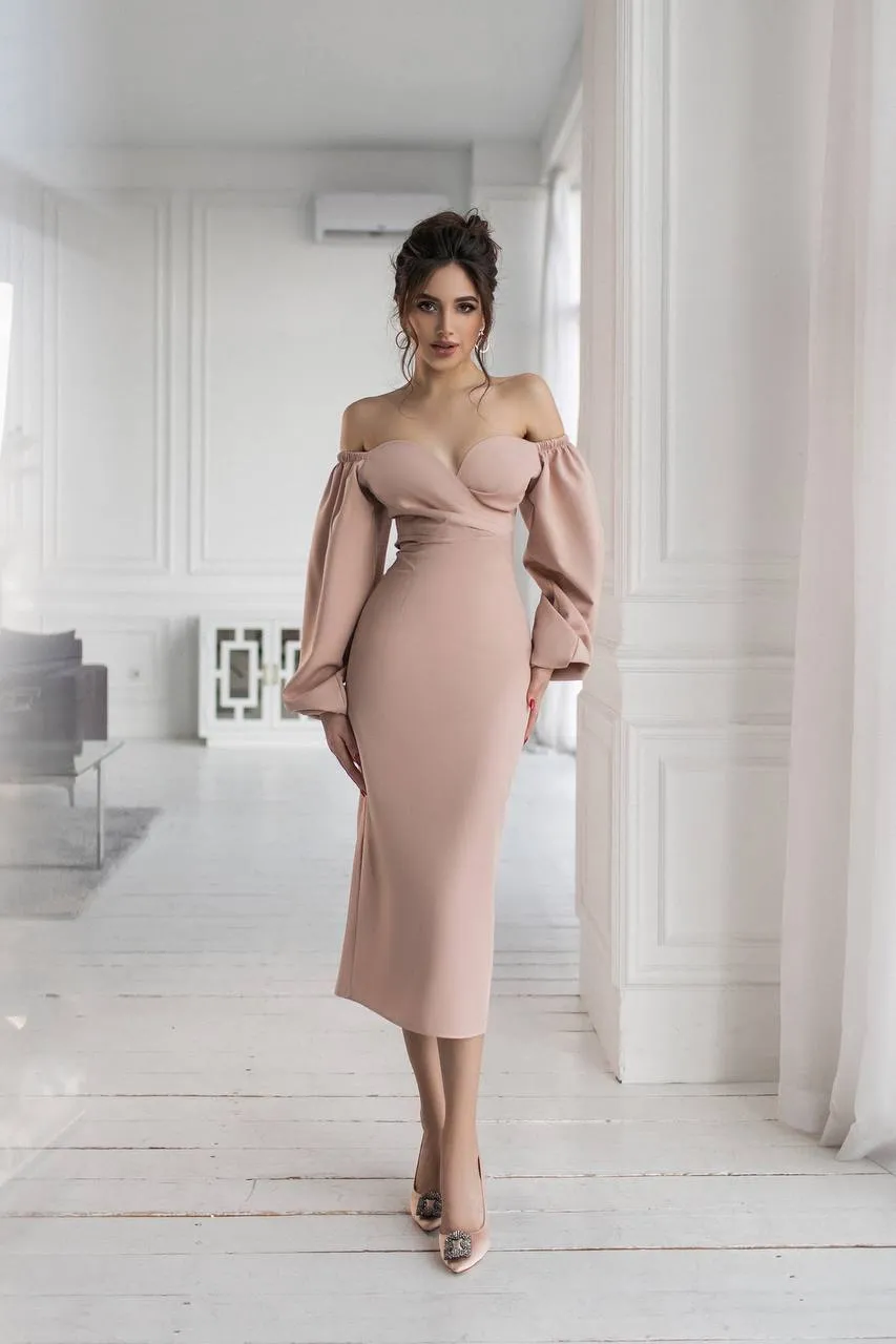 Biege Puff-Sleeve Midi Dress