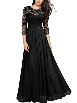 Black Ladies Wedding Style Lace Sleeve Bridesmaid Maxi Dress - MIUSOL