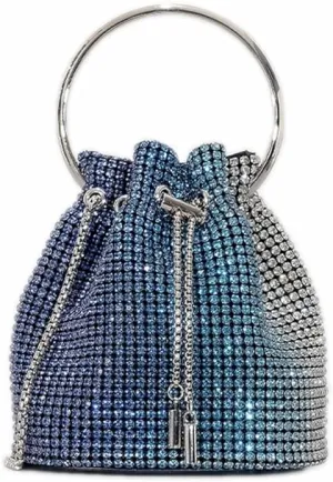 Blue & Silver Diamante Bucket Handbag Rhinestone Clutch Purse Evening Wedding