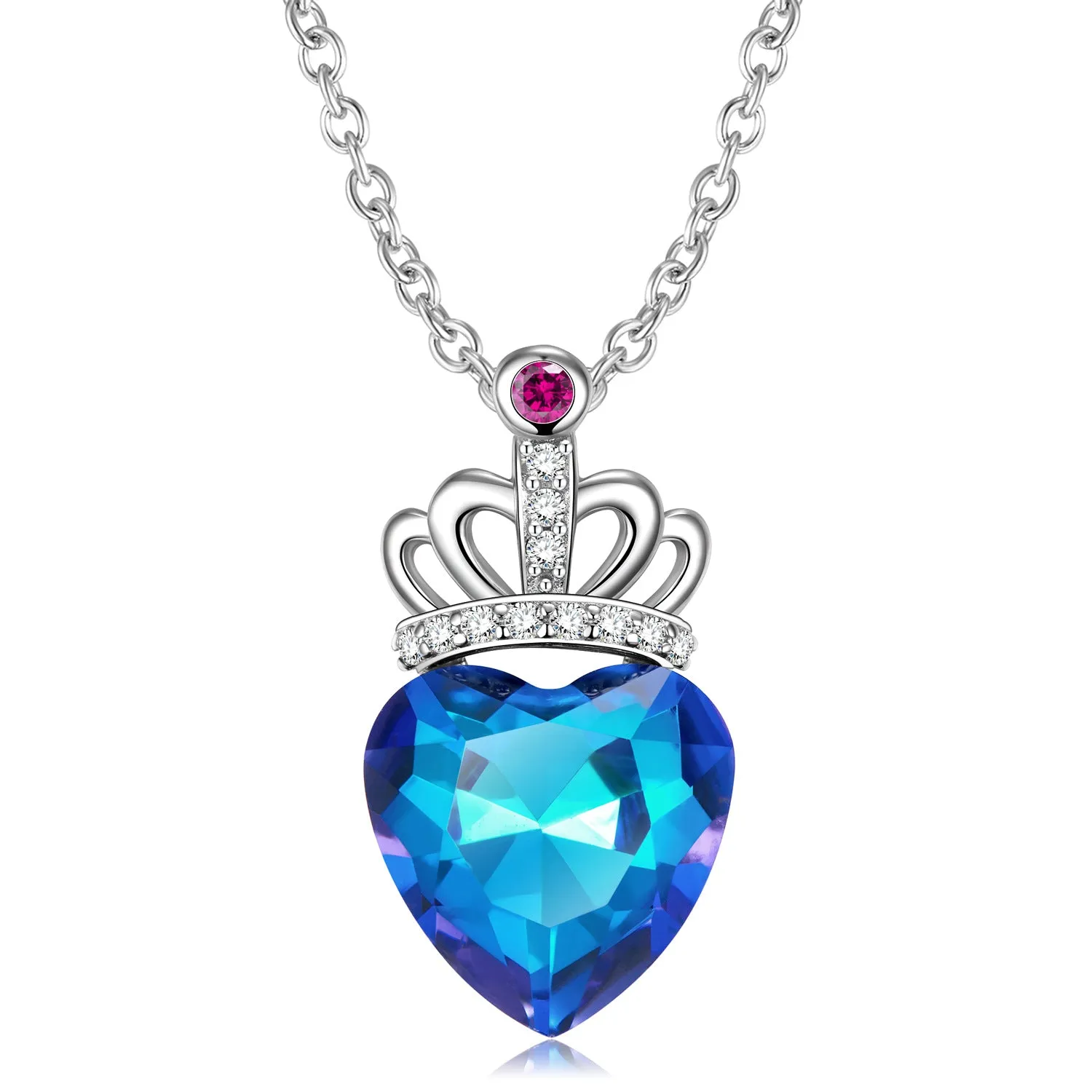 Blue Heart Shape Crystal Crown Silver Necklace