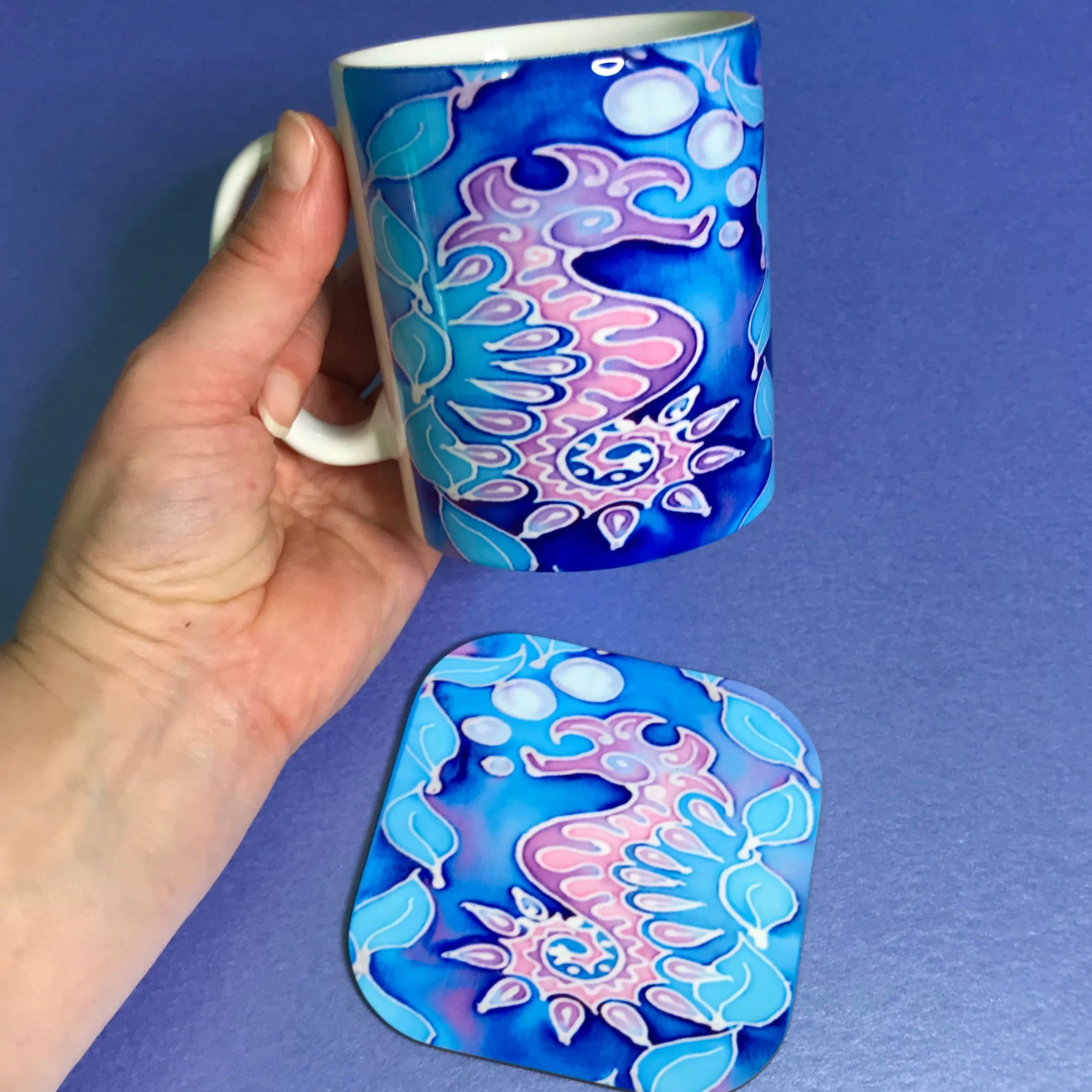 Blue Seahorse Mug Set - Sealife Mug Gift - Pink Purple and Blue Seahorse