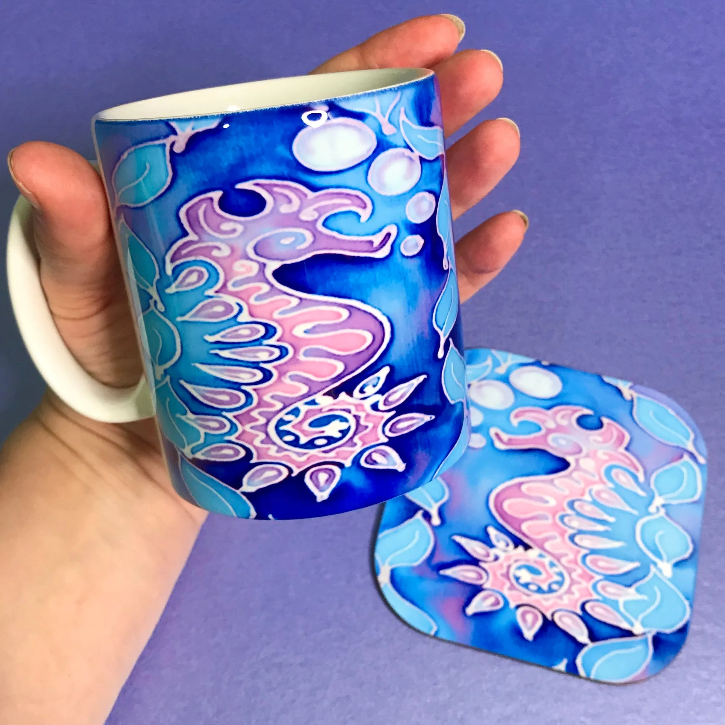 Blue Seahorse Mug Set - Sealife Mug Gift - Pink Purple and Blue Seahorse