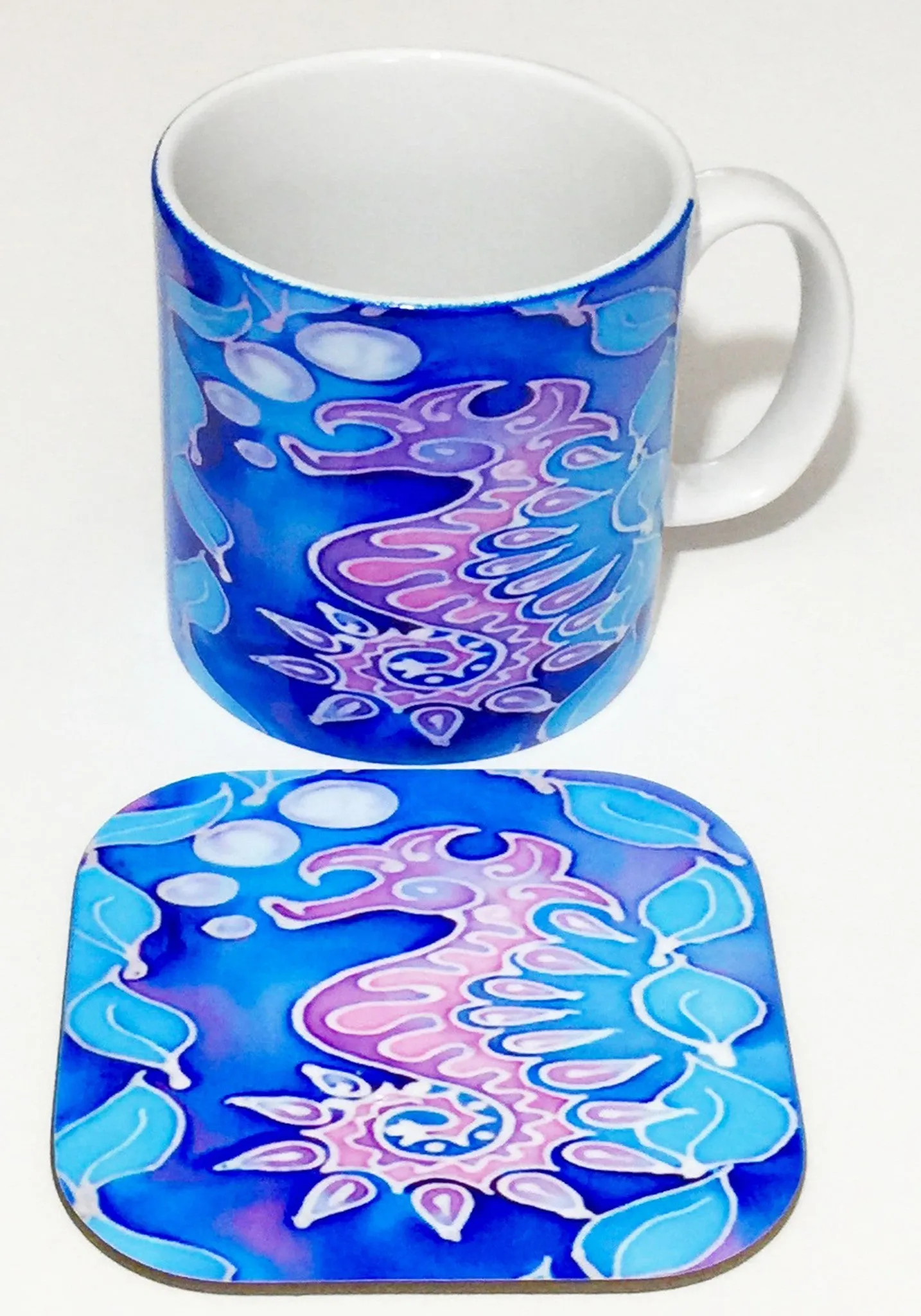 Blue Seahorse Mug Set - Sealife Mug Gift - Pink Purple and Blue Seahorse