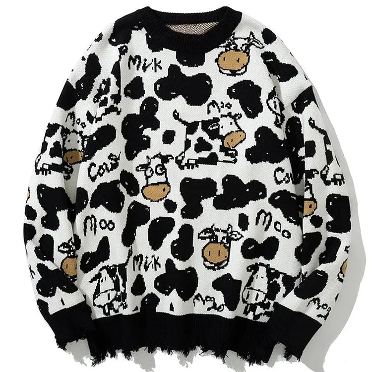 Cartoon Cow Splash Print Pullover Knit Sweater