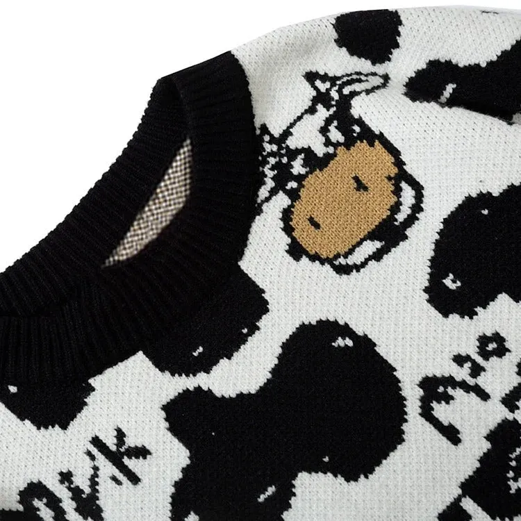 Cartoon Cow Splash Print Pullover Knit Sweater