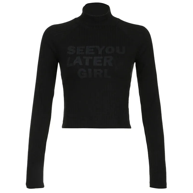 Casual Black Bodycon Knitted Autumn Tee Pullover Slim Letter Printed Turtleneck T shirt Female Cropped Top Clothing