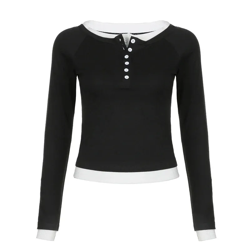 Casual Fitness Patched Female T-shirts Buttons Basic Long Sleeve Crop Top Korean Clothes Autumn Tee All-Match Shirts