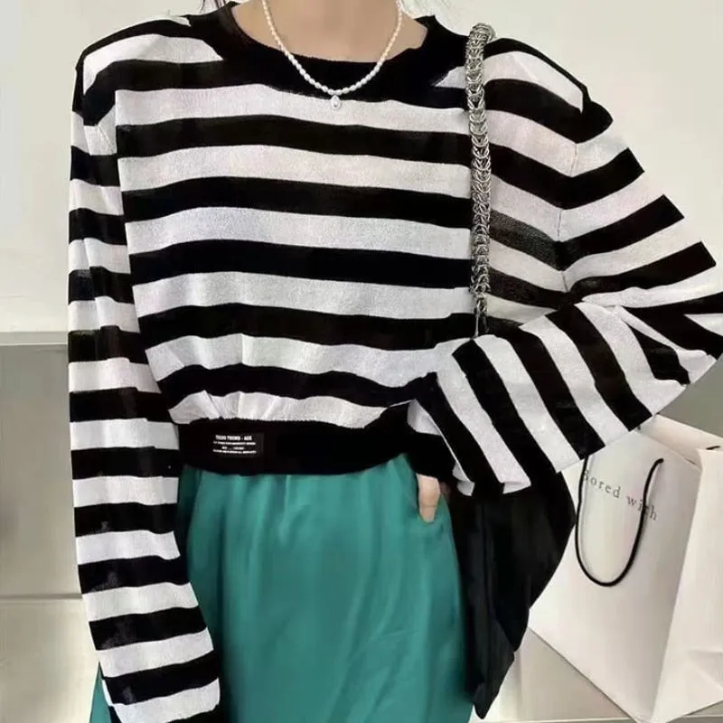 Casual Women Striped T Shirts Loose O Neck Korean Long Sleeve Autumn Knit Tops Fashion Black New  Fall Female Thin Tees