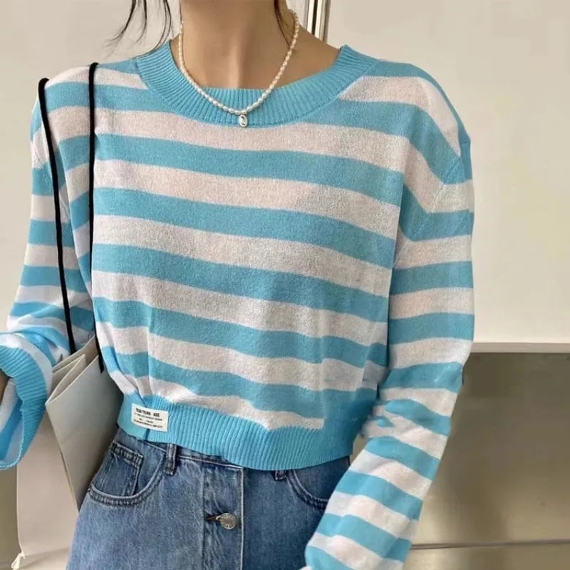 Casual Women Striped T Shirts Loose O Neck Korean Long Sleeve Autumn Knit Tops Fashion Black New  Fall Female Thin Tees