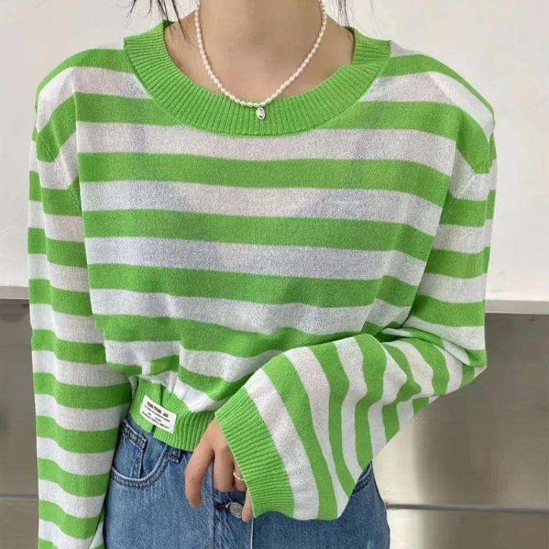 Casual Women Striped T Shirts Loose O Neck Korean Long Sleeve Autumn Knit Tops Fashion Black New  Fall Female Thin Tees