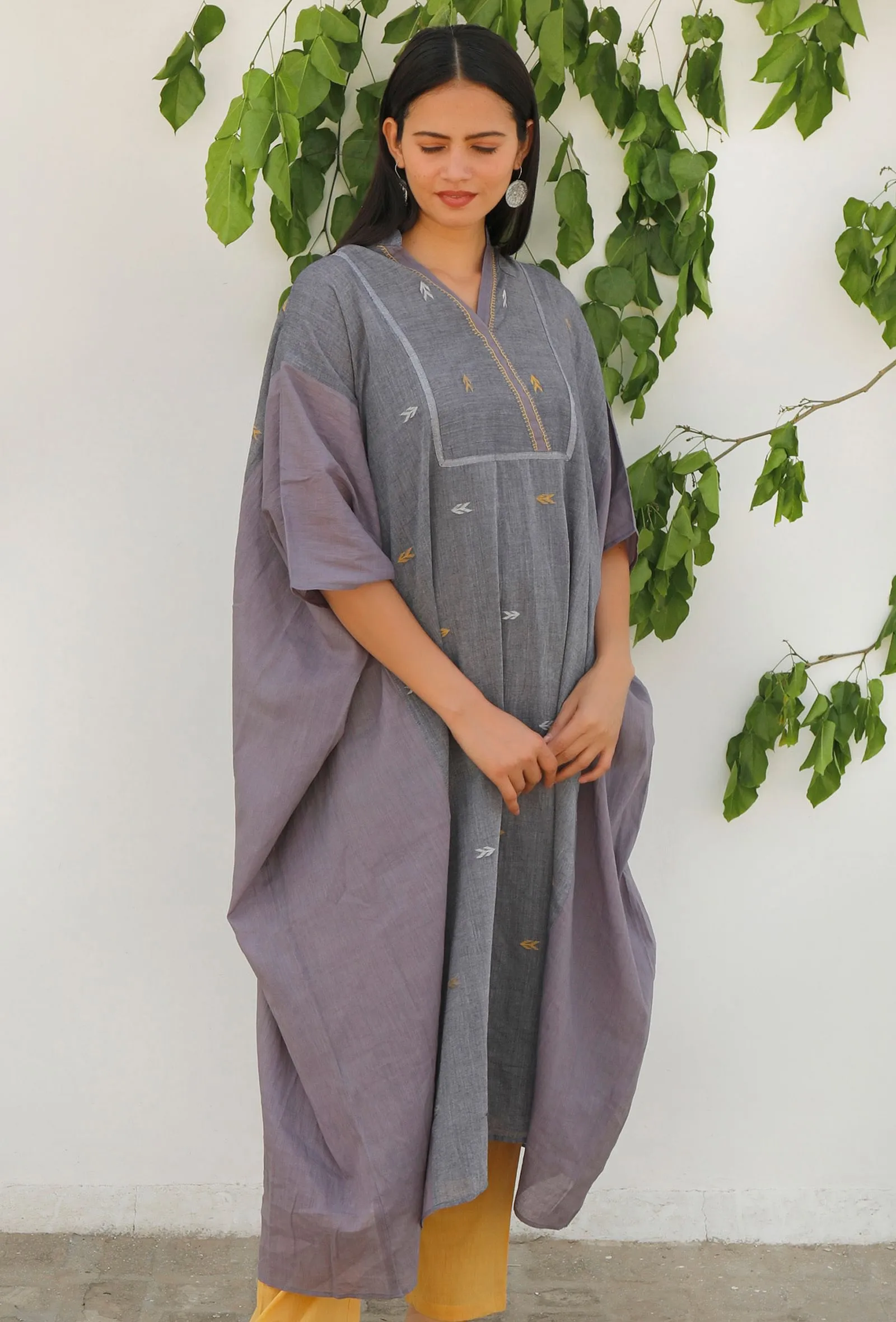 Charcoal Grey Jamdani Mulmul Cotton Kaftan Kurta Dress