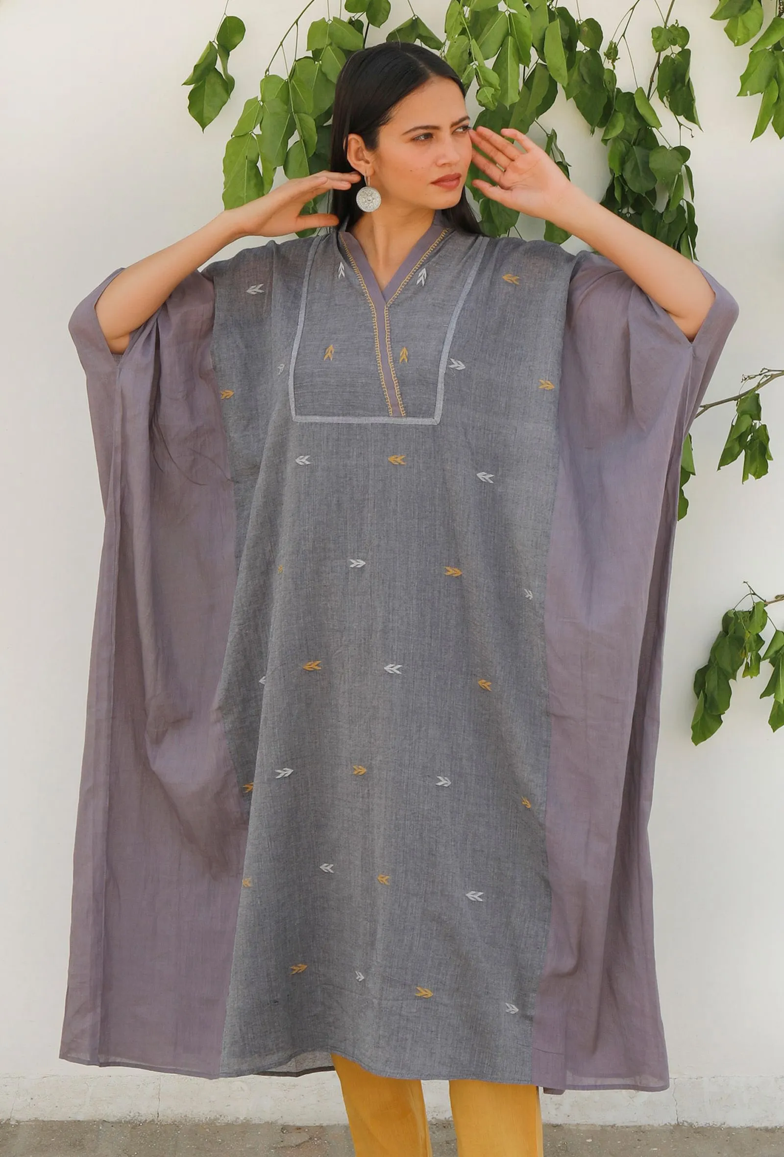 Charcoal Grey Jamdani Mulmul Cotton Kaftan Kurta Dress