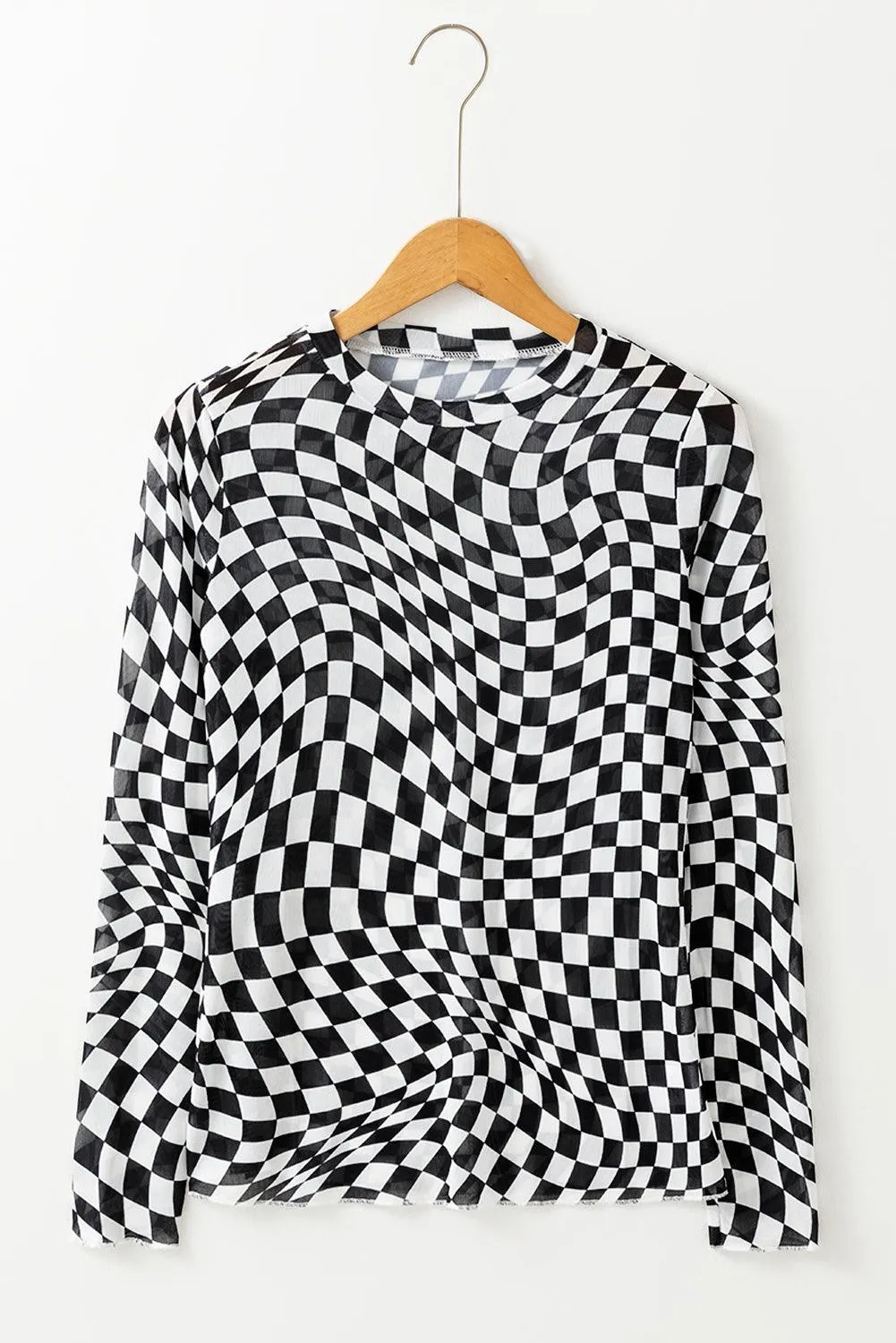 Checkered Sheer Long Sleeve Mesh Top