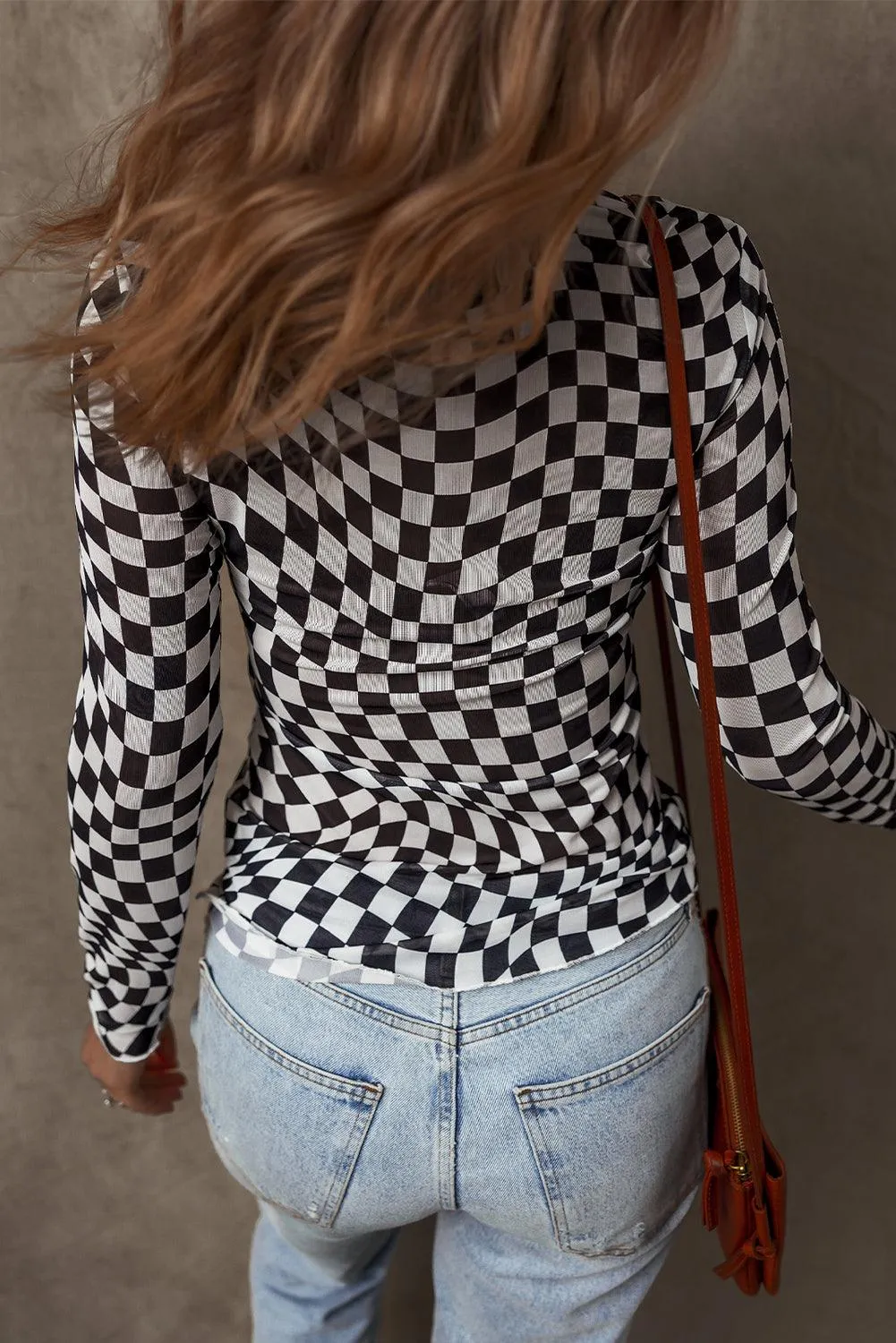 Checkered Sheer Long Sleeve Mesh Top