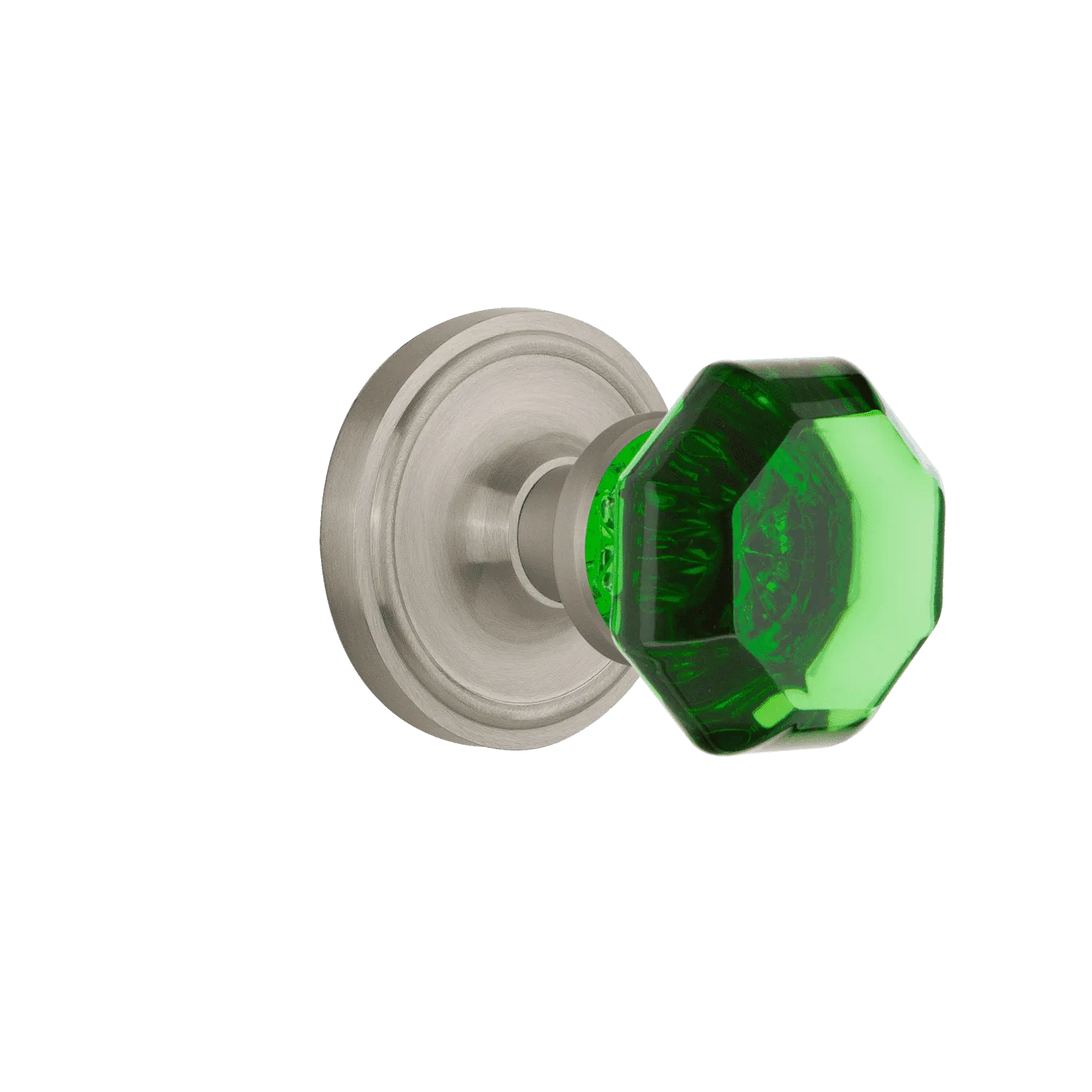 Classic Rosette with Emerald Waldorf Knob in Satin Nickel