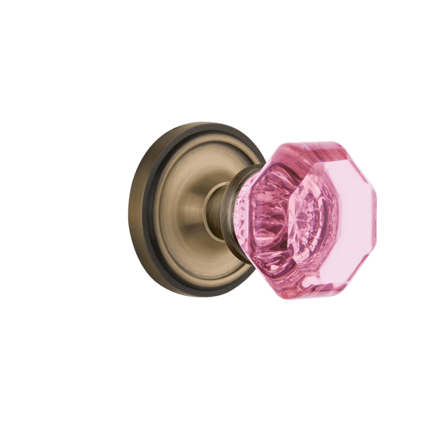 Classic Rosette with Pink Waldorf Knob in Antique Brass