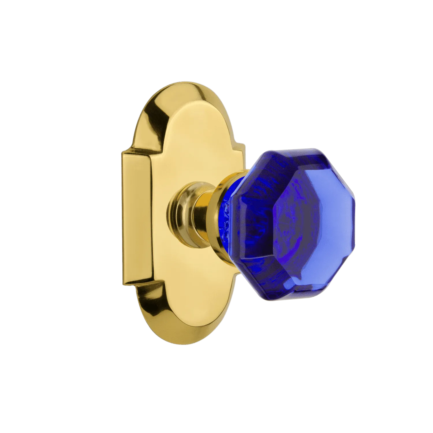 Cottage Short Plate with Cobalt Waldorf Knob in Polished Brass