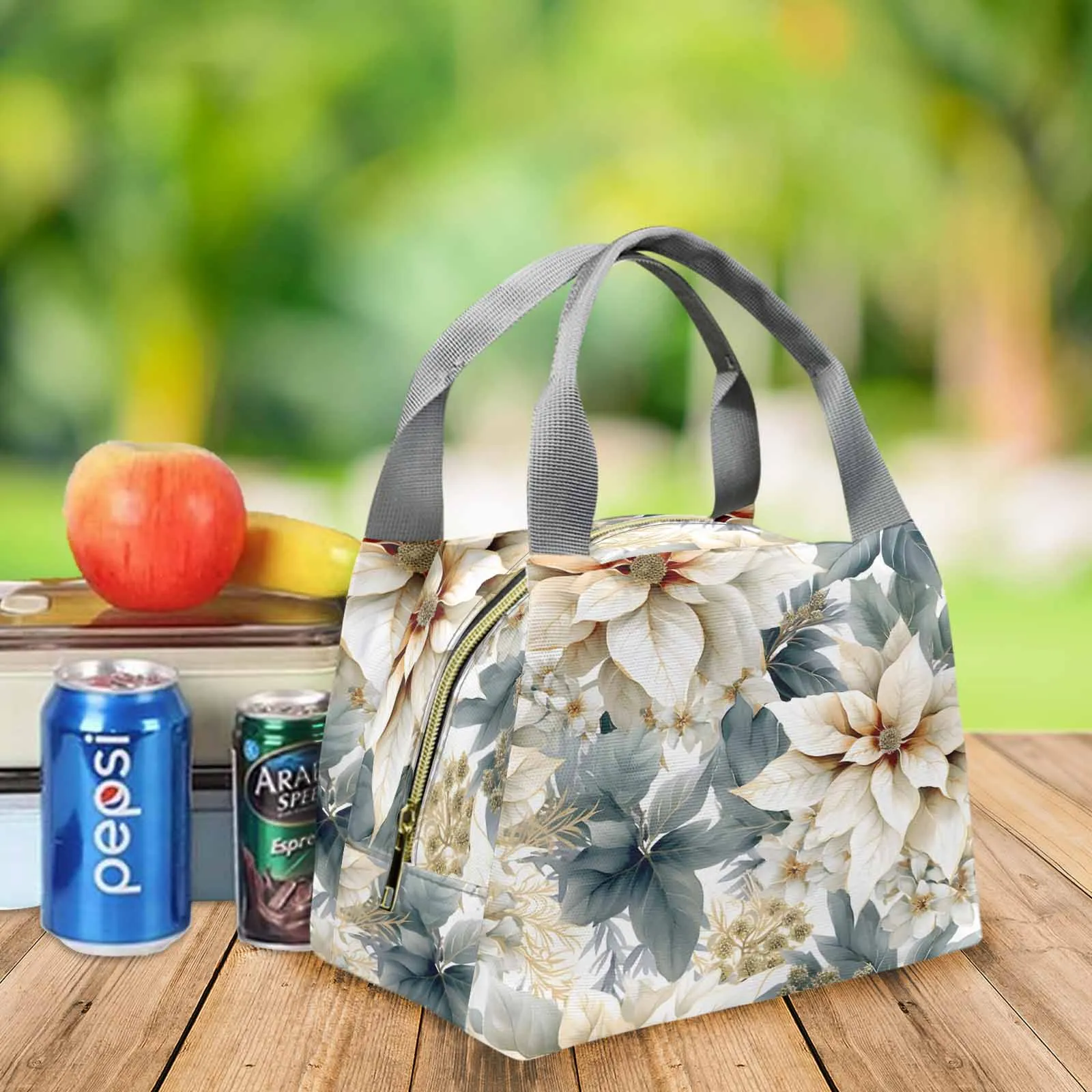 Cream Poinsettia  Portable Lunch Bag-Grey Handle