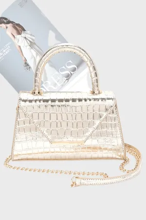 Croc Embossed Metallic Top Handle Bag