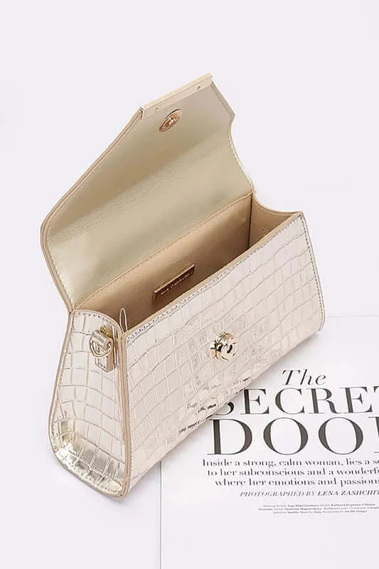 Croc Embossed Metallic Top Handle Bag