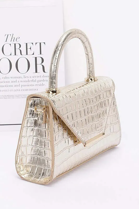 Croc Embossed Metallic Top Handle Bag