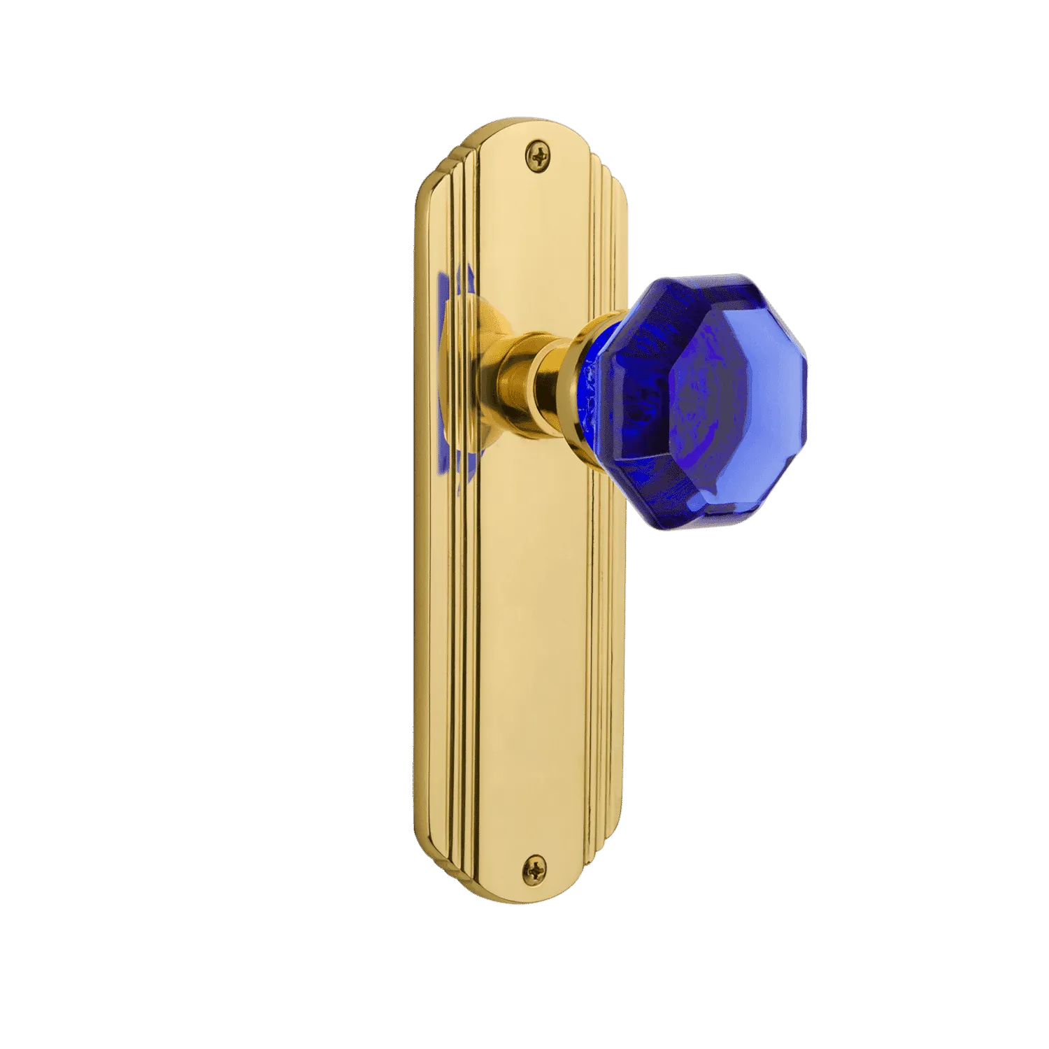 Deco Long Plate with Cobalt Waldorf Knob in Unlacquered Brass