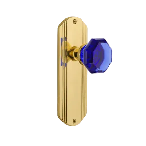 Deco Long Plate with Cobalt Waldorf Knob in Unlacquered Brass