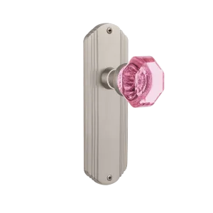 Deco Long Plate with Pink Waldorf Knob in Satin Nickel