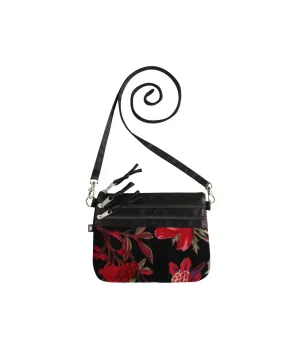 Earth Squared - 3 Zip Pouch Crossbody Eden Velvet Evening Bag - Black Botanical - 19x15cms