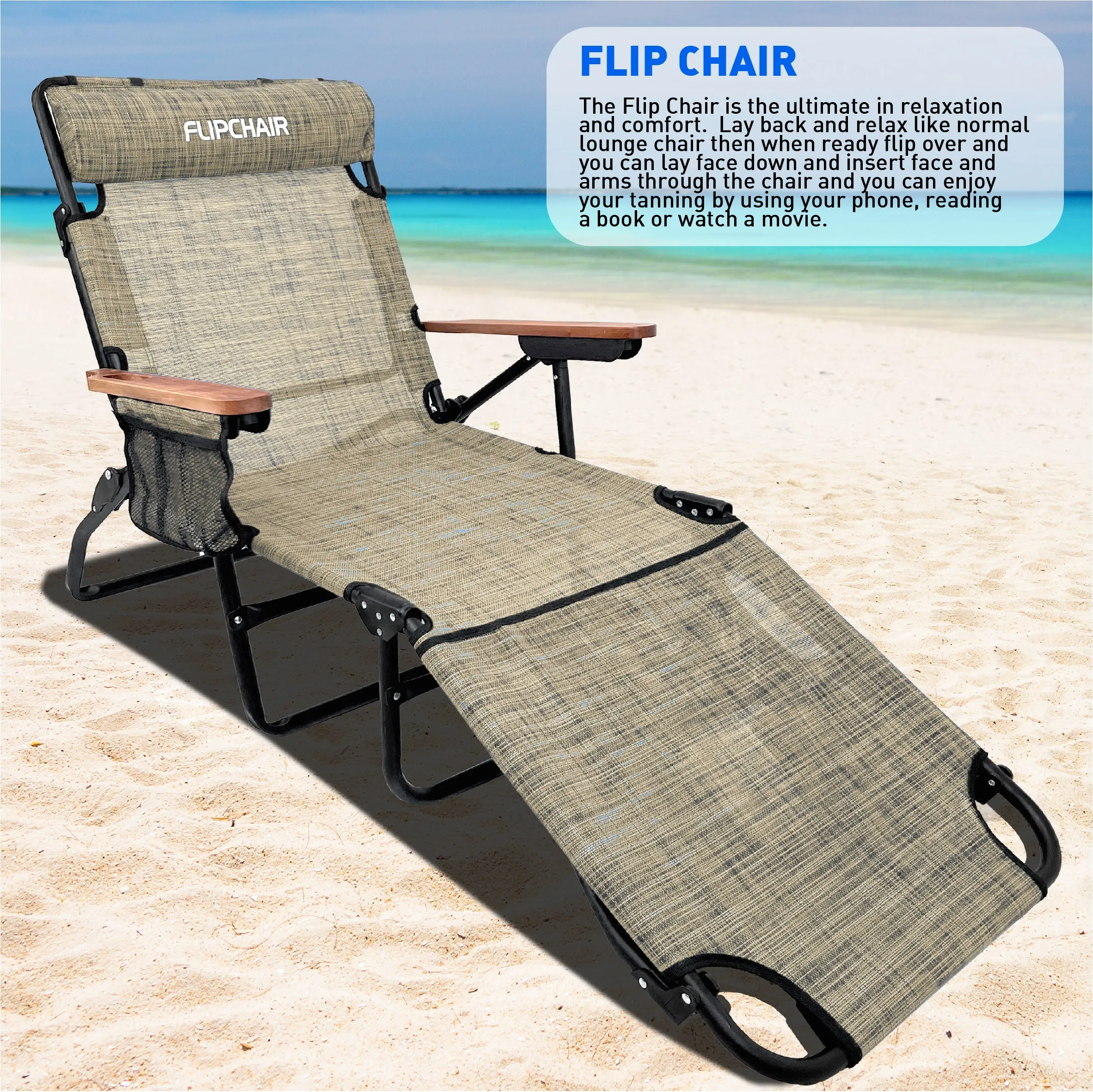 EasyGo Product FLIP Face Down Tanning Chaise Lounge Chair with Face & Arm Holes - 4 Legs Support - Textilene Material - 6 Position - Arm Head Rest Pillow - Beach or Home Use - PATENTS Pending, Tan