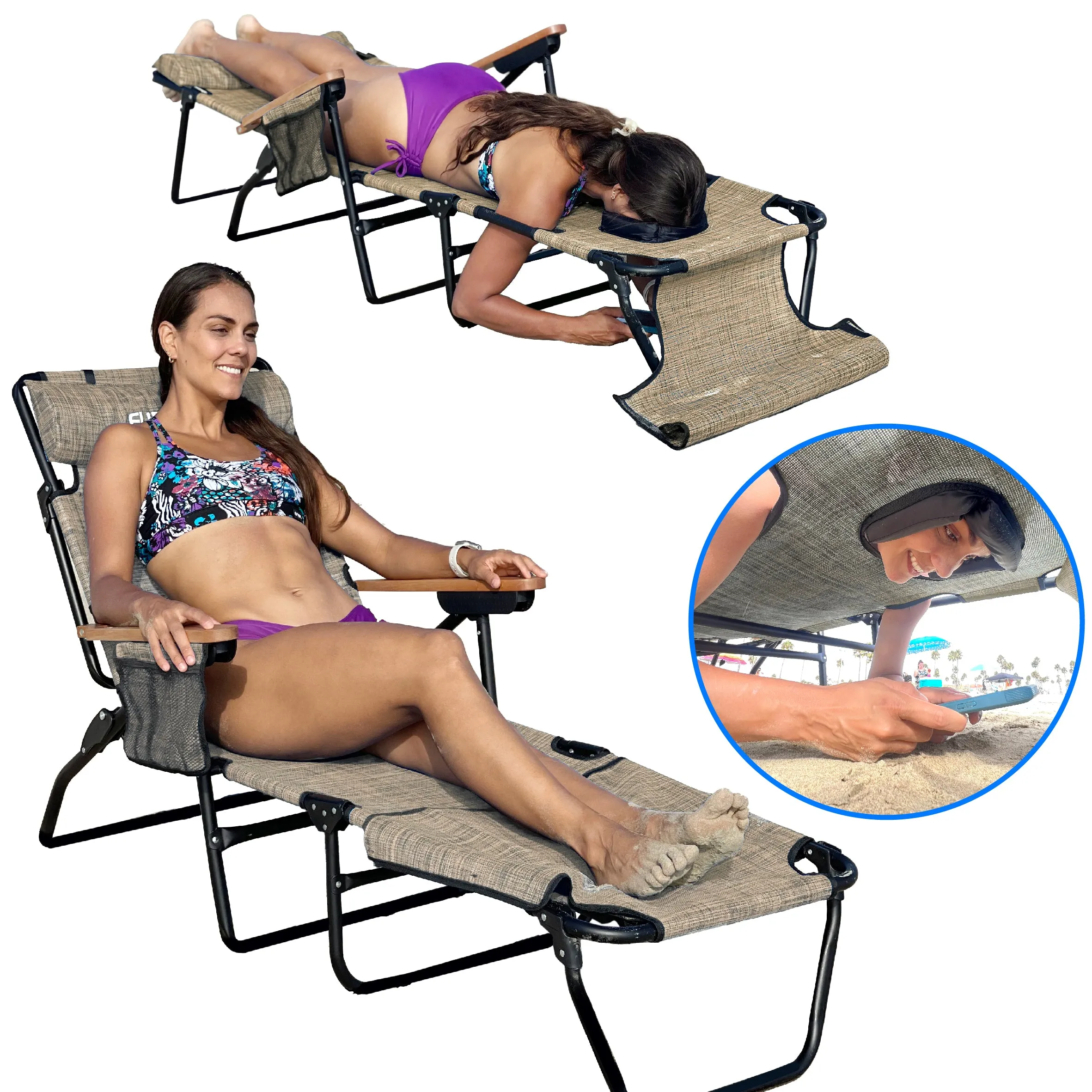 EasyGo Product FLIP Face Down Tanning Chaise Lounge Chair with Face & Arm Holes - 4 Legs Support - Textilene Material - 6 Position - Arm Head Rest Pillow - Beach or Home Use - PATENTS Pending, Tan