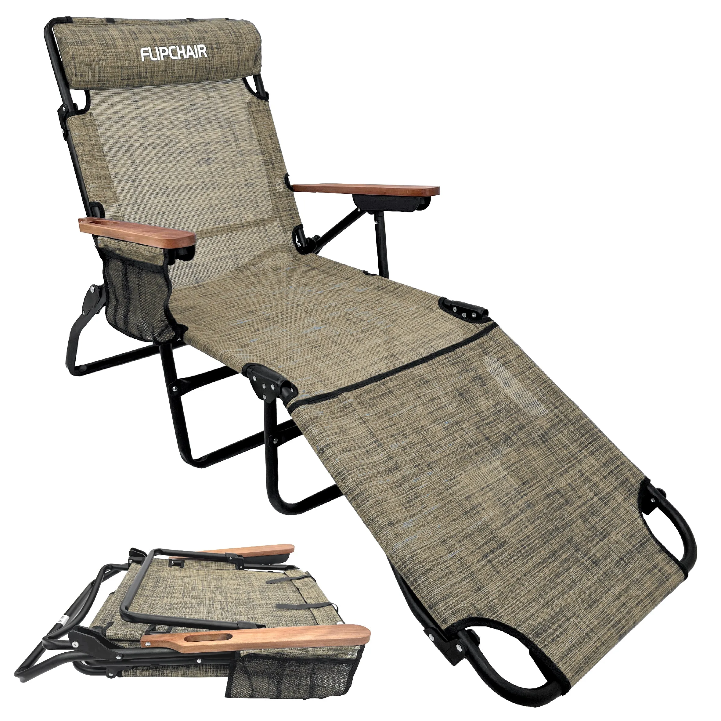 EasyGo Product FLIP Face Down Tanning Chaise Lounge Chair with Face & Arm Holes - 4 Legs Support - Textilene Material - 6 Position - Arm Head Rest Pillow - Beach or Home Use - PATENTS Pending, Tan