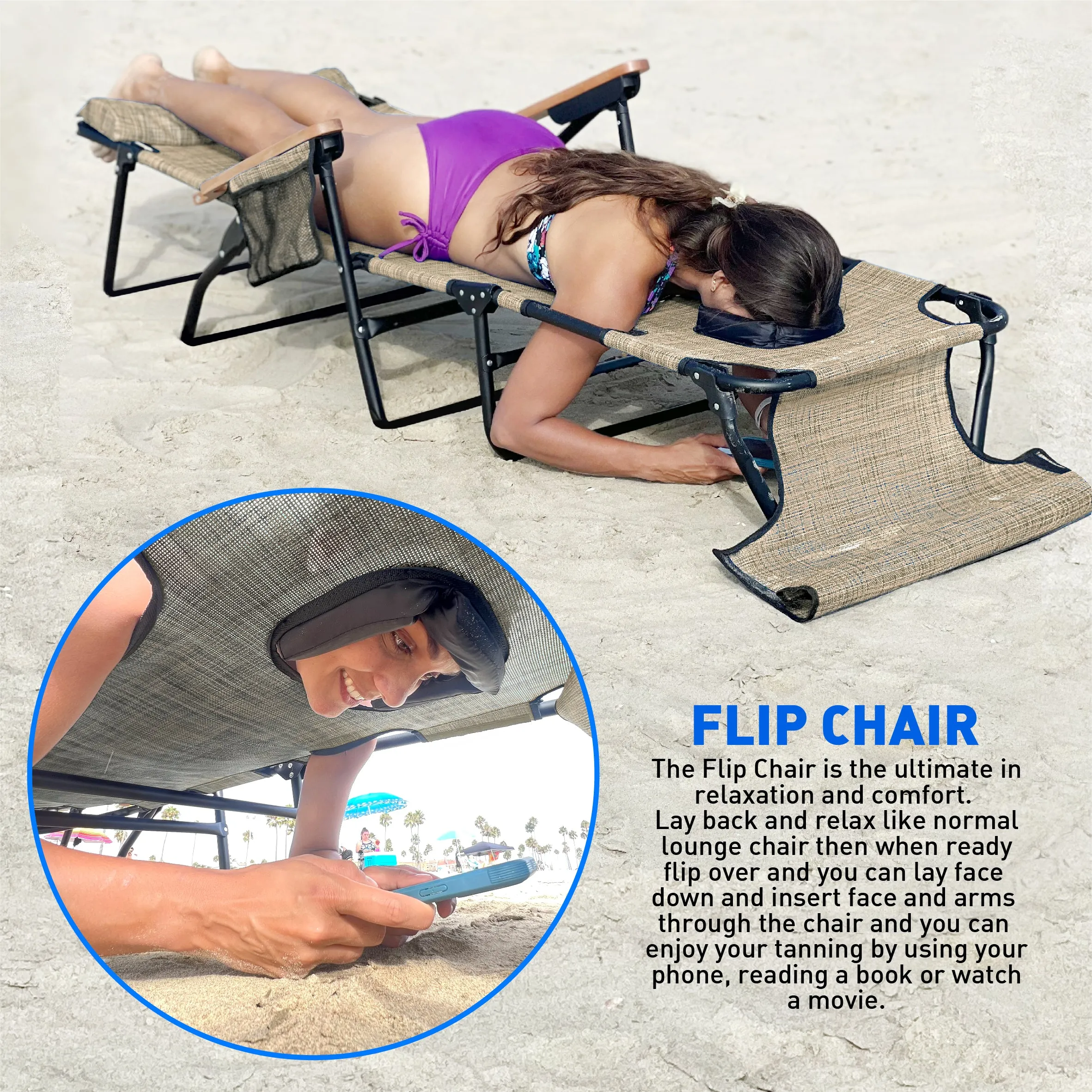 EasyGo Product FLIP Face Down Tanning Chaise Lounge Chair with Face & Arm Holes - 4 Legs Support - Textilene Material - 6 Position - Arm Head Rest Pillow - Beach or Home Use - PATENTS Pending, Tan