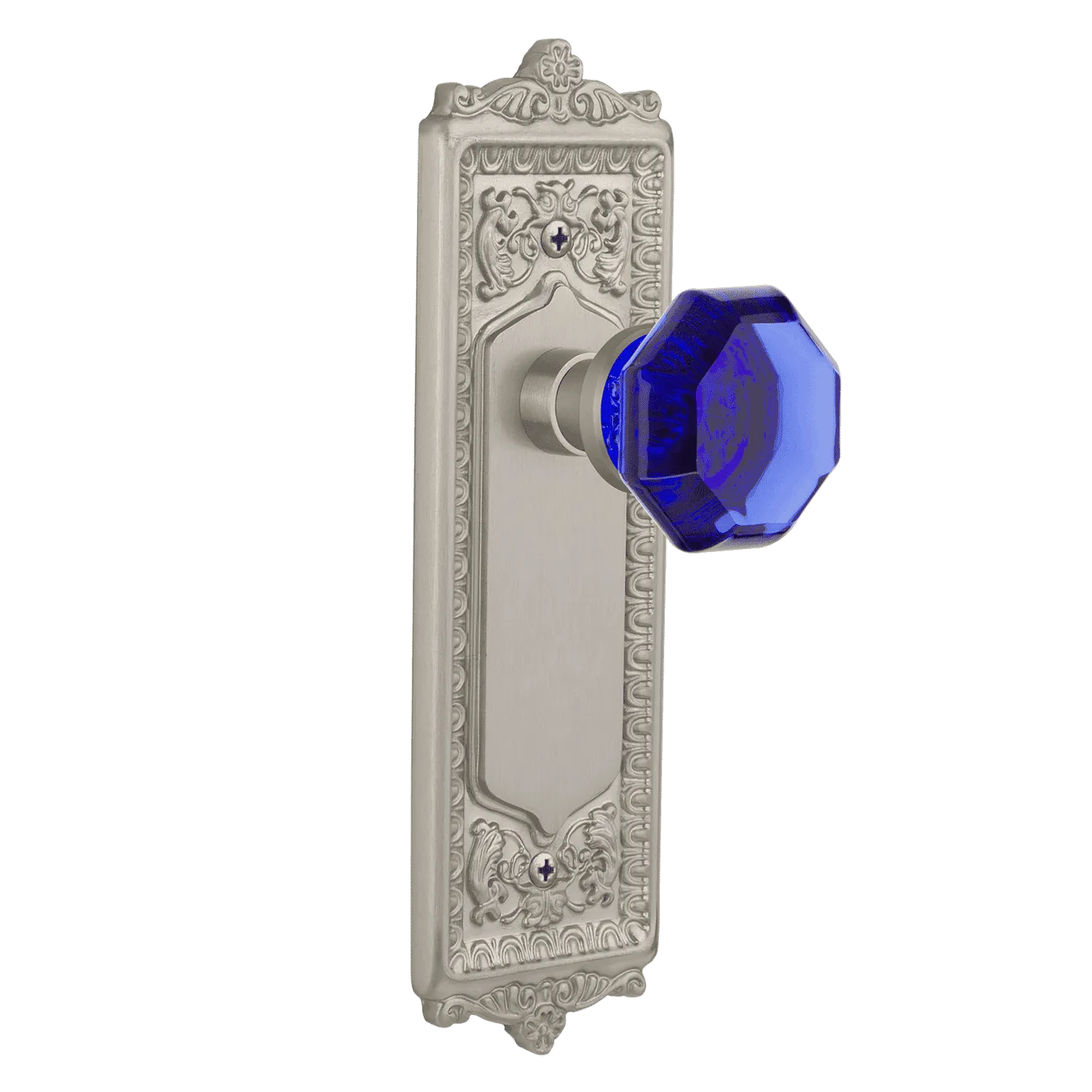 Egg & Dart Long Plate with Cobalt Waldorf Knob in Satin Nickel