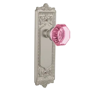 Egg & Dart Long Plate with Pink Waldorf Knob in Satin Nickel