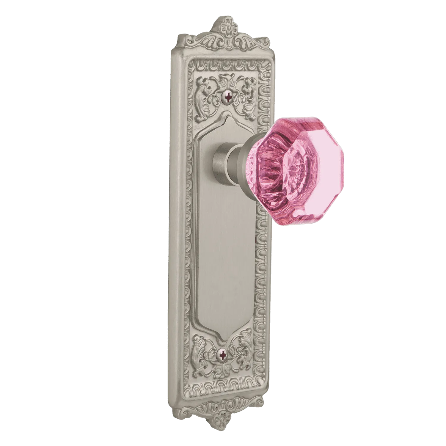 Egg & Dart Long Plate with Pink Waldorf Knob in Satin Nickel