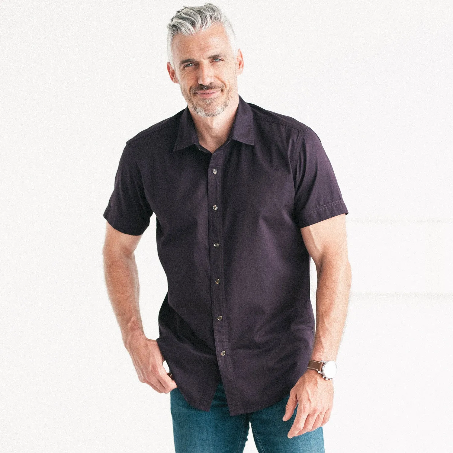 Essential Spread Collar Short Sleeve Casual Shirt - Burgundy Cotton Twill